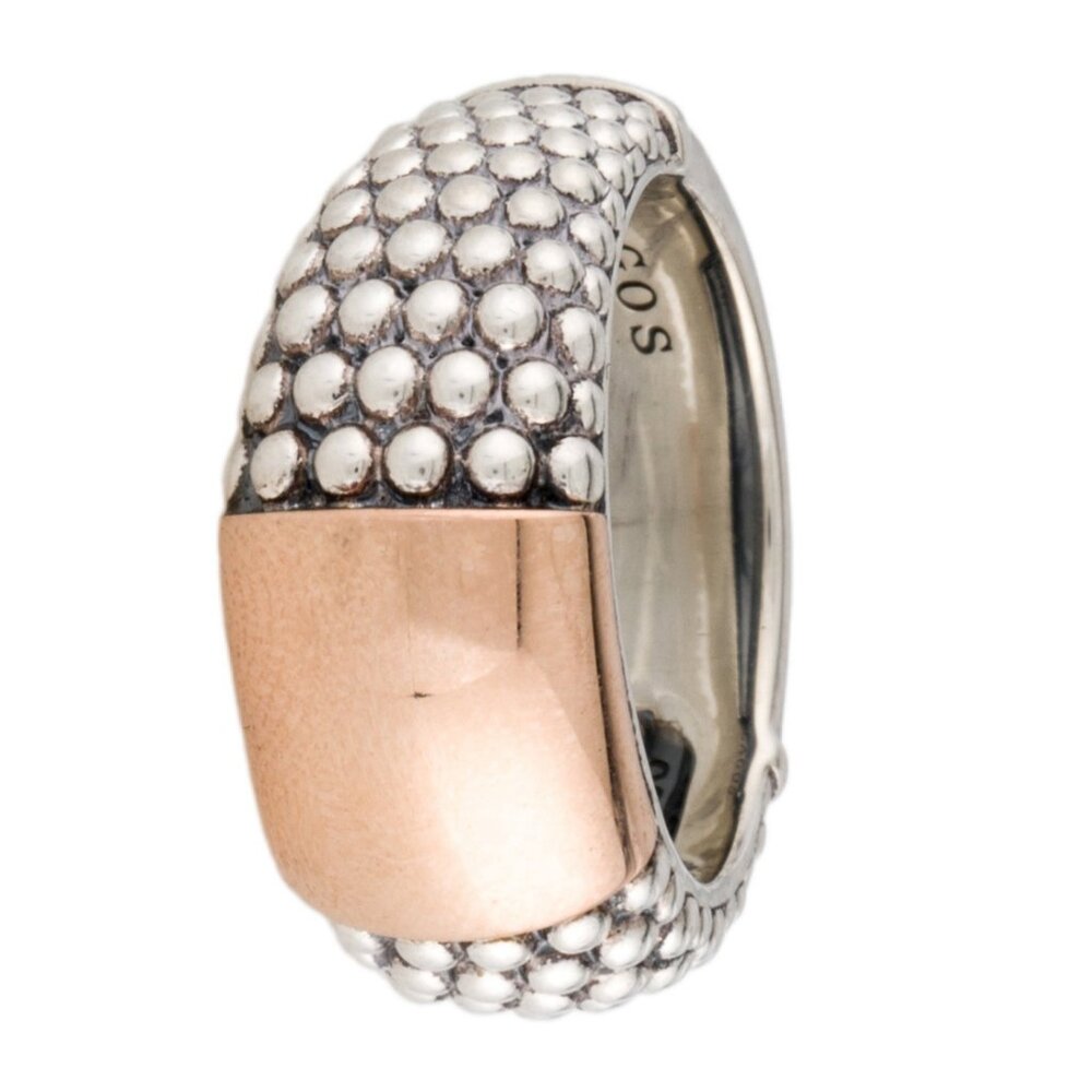 LAGOS TWO-TONE 18K ROSE GOLD & STERLING SILVER CAVIAR HIGH BAR RING - Picture 2 of 9